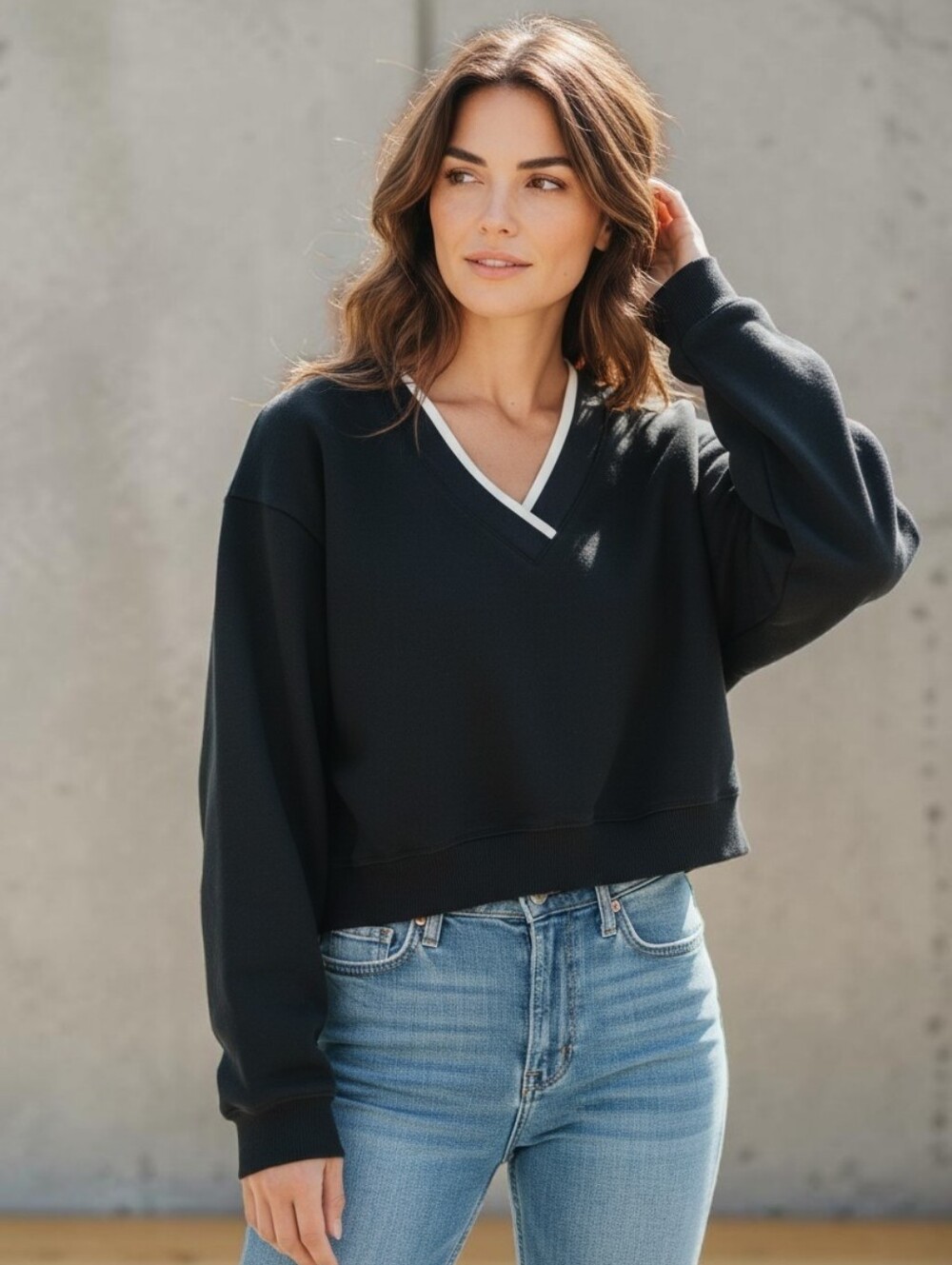 PINK Oversized Black Cropped Sweatshirt With V-Neck SZ XXL